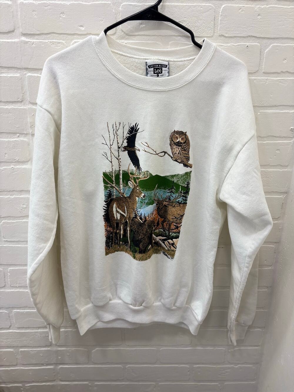 Vtg Early 90s Lee Nature Graphic Sweatshirt Deer Owl Eagle Elk Crewneck White